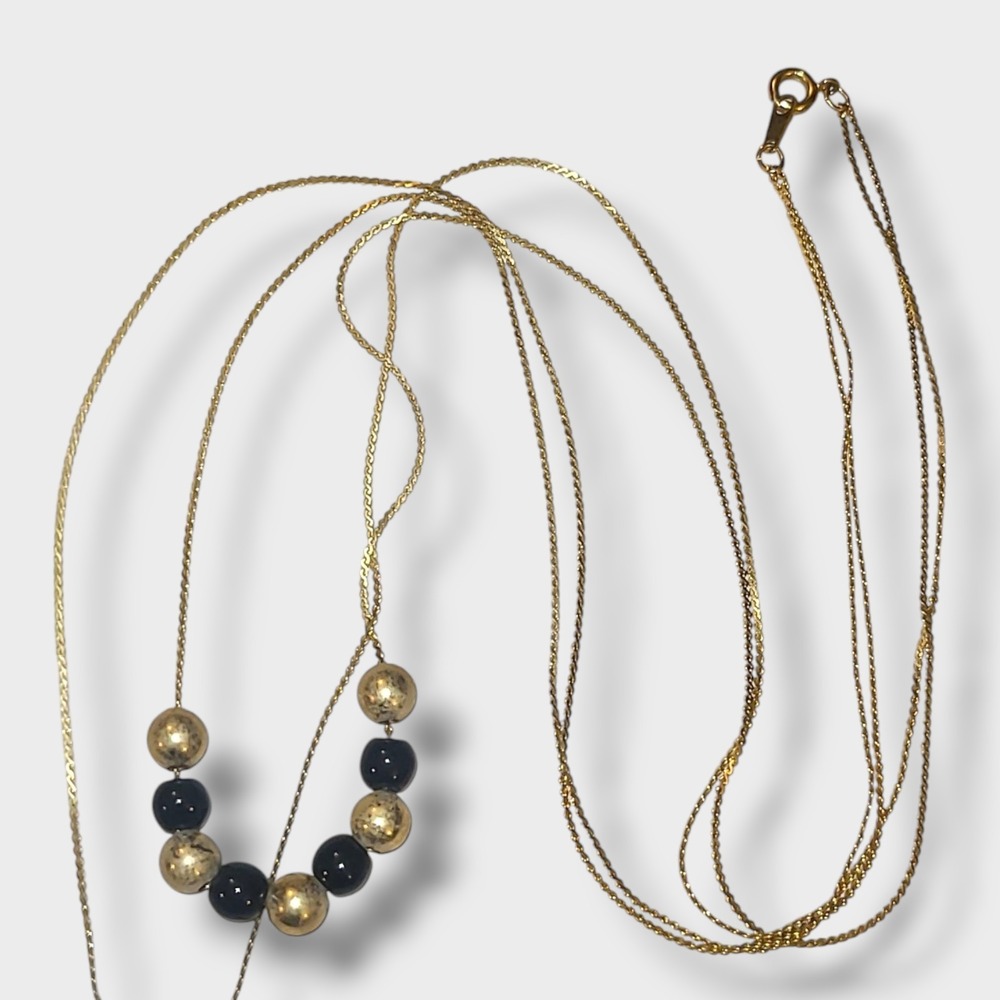 Dainty Minimalist Gold Tone & Black 2 Strand Layered Beaded Necklace 24" - Picture 1 of 7